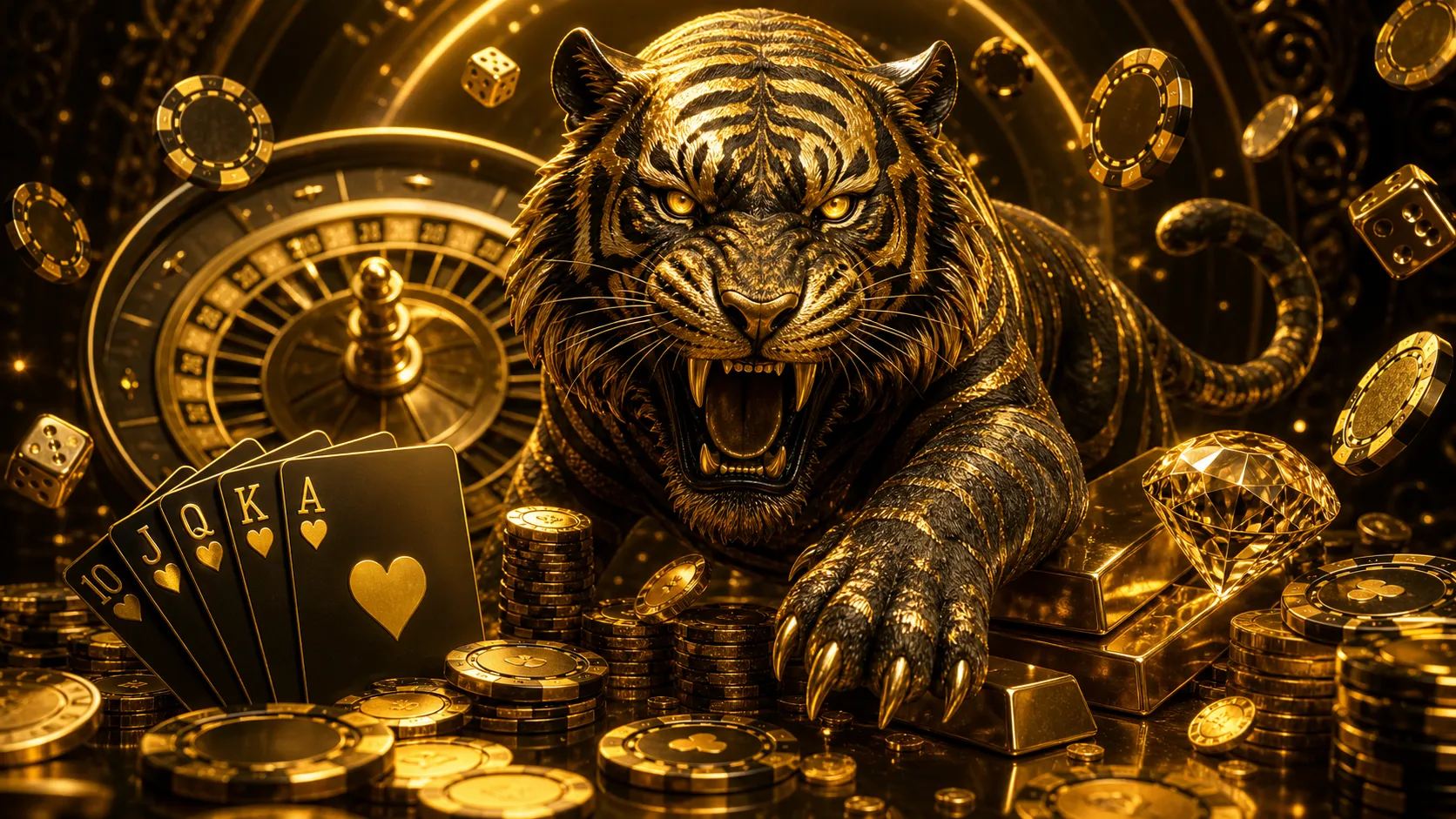 Luxurious casino hero banner featuring a cinematic composition with tiger-themed elements in exclusive color palette