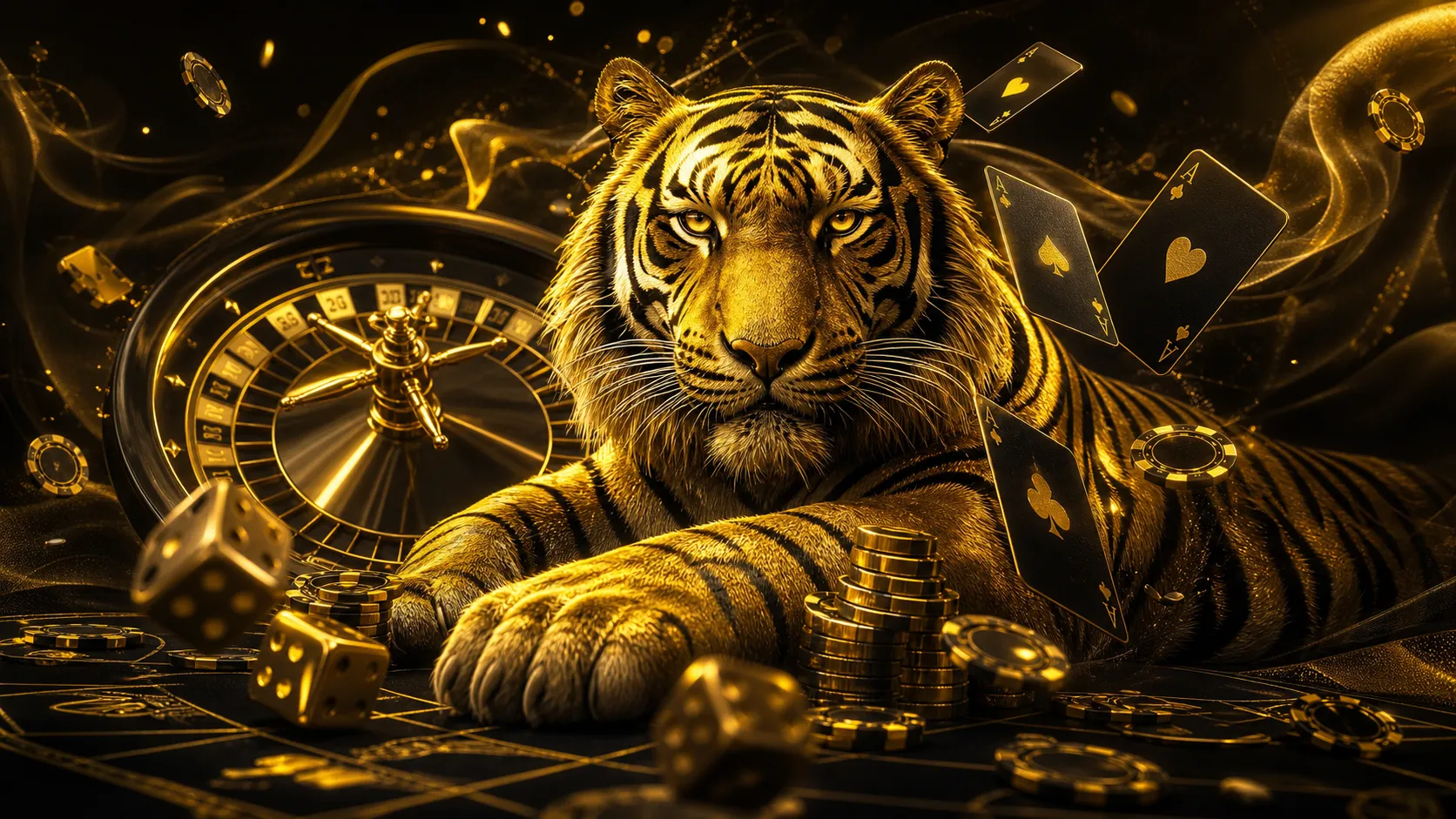 Elegant casino banner with tiger-themed elements and luxury casino items in styled lighting.